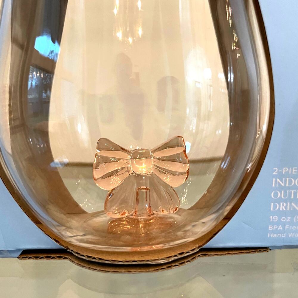 Pink Bow Coquette Acrylic Stemless Wine Glasses 19oz Set of 2 Soho Loft New - Picture 2 of 10